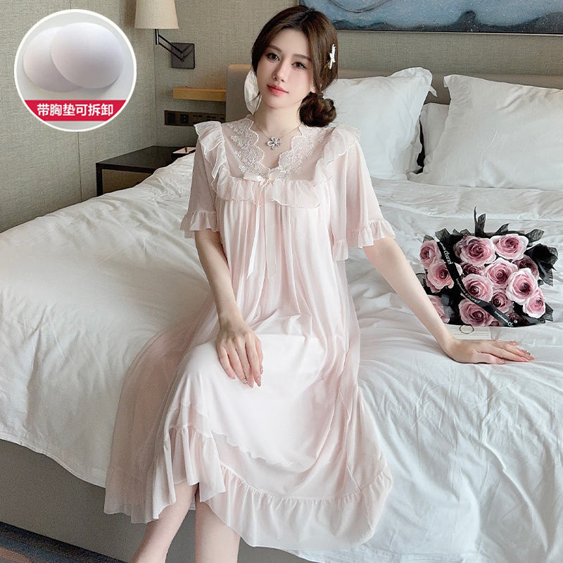 Pajamas with Breast Pads for Women, Summer Season, Short-Sleeved Modal Mesh Lace Lace, Palace Princess Style Pajamas, Home Clothes