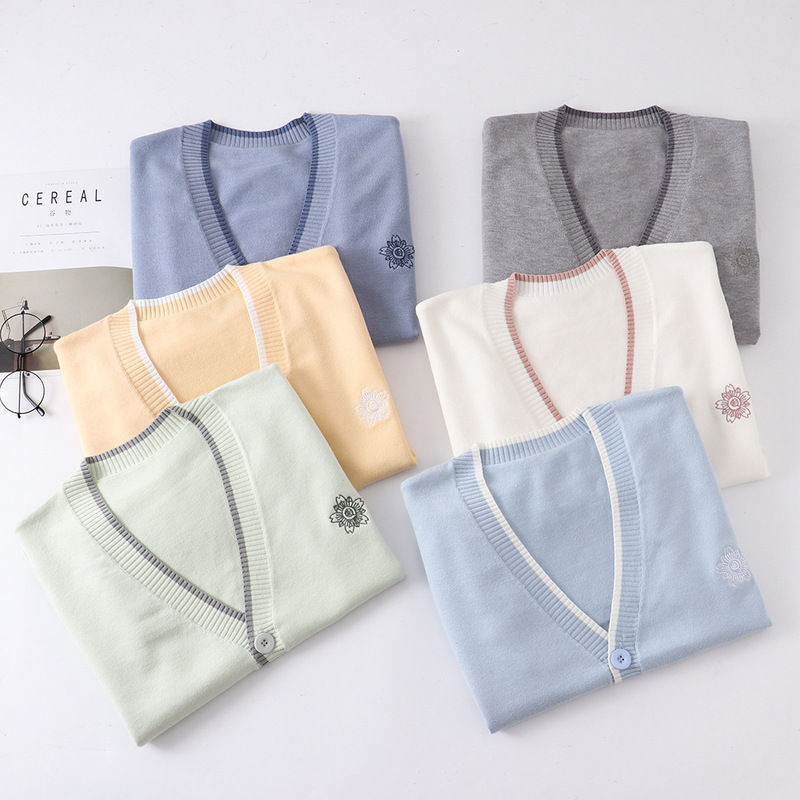 Trendy Embroidered Japanese-Style Jk Uniform Cardigan Sweater, Loose and Casual Student Long-Sleeve Cardigan, Aqua Yellow Sweater