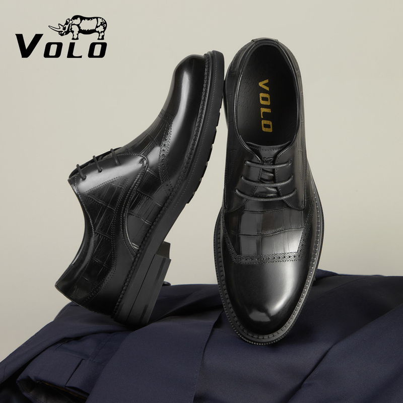Volo/Rhinoceros Leather Shoes for Men, Wedding Formal Leather Shoes, Genuine Leather Height-Increasing Men's Business Derby Shoes with Soft Soles