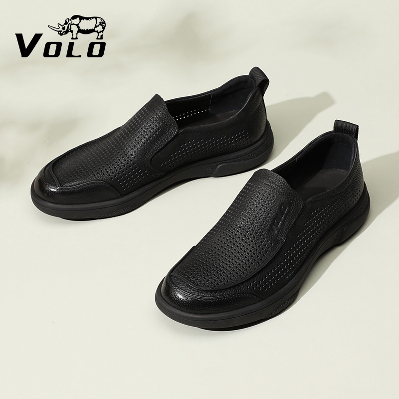 Volo/Rhinoceros Men's Casual Leather Shoes, Men's Summer Breathable Genuine Leather Hollow Shoes, Slip-On Men's Dad Shoes