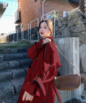 SLIM MAJE trench coat coat female wine red 2021 autumn and winter New long casual woolen coat