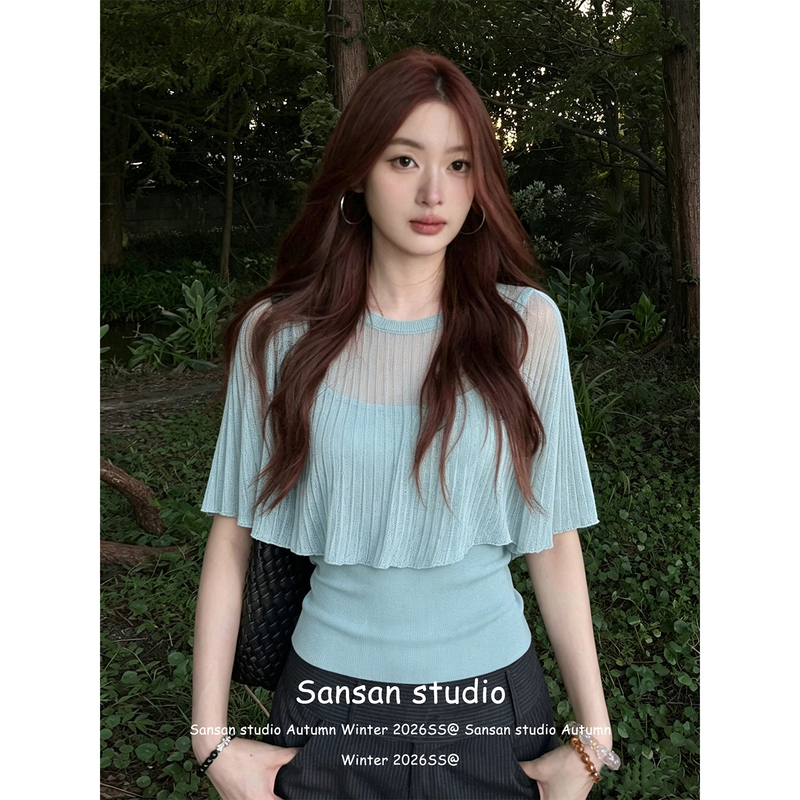 Korean-Style Shawl Cape Short-Sleeve T-Shirt for Women, Summer Outfit, Camisole, Slim-Fit, Slimming Knit Top Two-Piece Set
