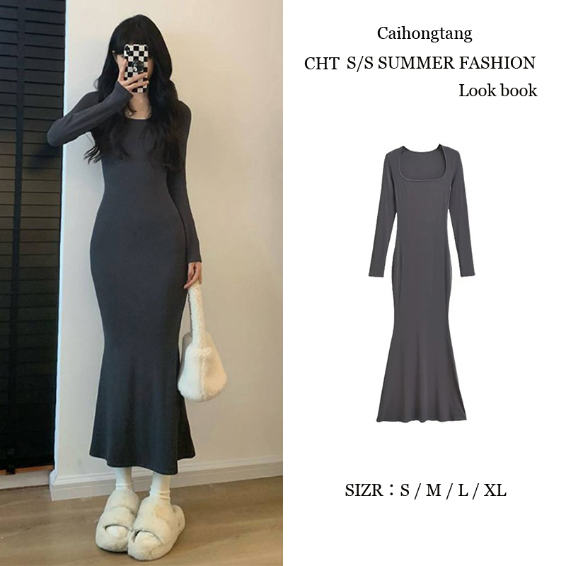 Square-Neck Fishtail Dress for Women in Autumn and Winter, Paired with a Coat, Long Style That Accentuates the Figure, Sexy Bodycon Skirt