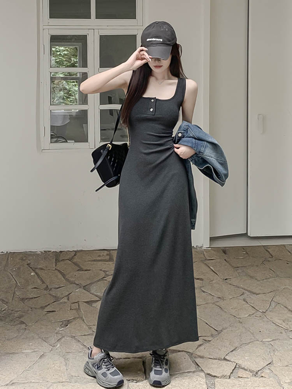 French-Style Seaside Vacation Square-Neck Long Dress for Women, Summer Slim-Fit Elegant Gray High-End Camisole Dress French-Style Seaside Vacation Square-Neck Long Dress for Women, Summer Slim-Fit Elegant Gray High-End Camisole Dress