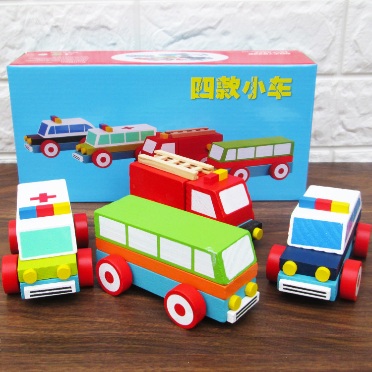 Early education teaching aids kindergarten children's educational wooden toys four cars police car fire truck ambulance engineering vehicle