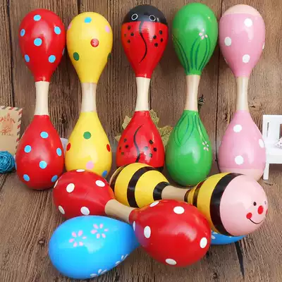 Wooden baby baby big sand hammer hand grip Bell double head sand hammer ball instrument Orff sand hammer toy