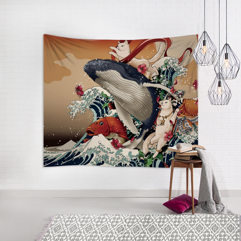 Bắc Âu ins vải treo Nhật Bản ukiyo-e sóng xanh cá voi treo khăn tường nền trang trí tấm thảm vải tấm khăn trải bàn thảm vải decor