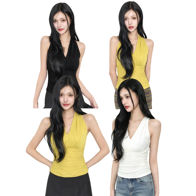 Fractallab Pure Desire Fashion Versatile Deep V-Neck Cross Pleated Slimming High-End Halter Neck Tank Top for Women