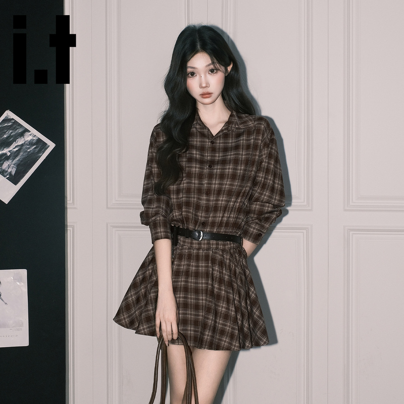 Chocoolate Melard Coffee-Colored Plaid Lapel Dress for Women, Autumn Vintage Waist-Cinching A-Line Shirt Dress Chocoolate Melard Coffee-Colored Plaid Lapel Dress for Women, Autumn Vintage Waist-Cinching A-Line Shirt Dress