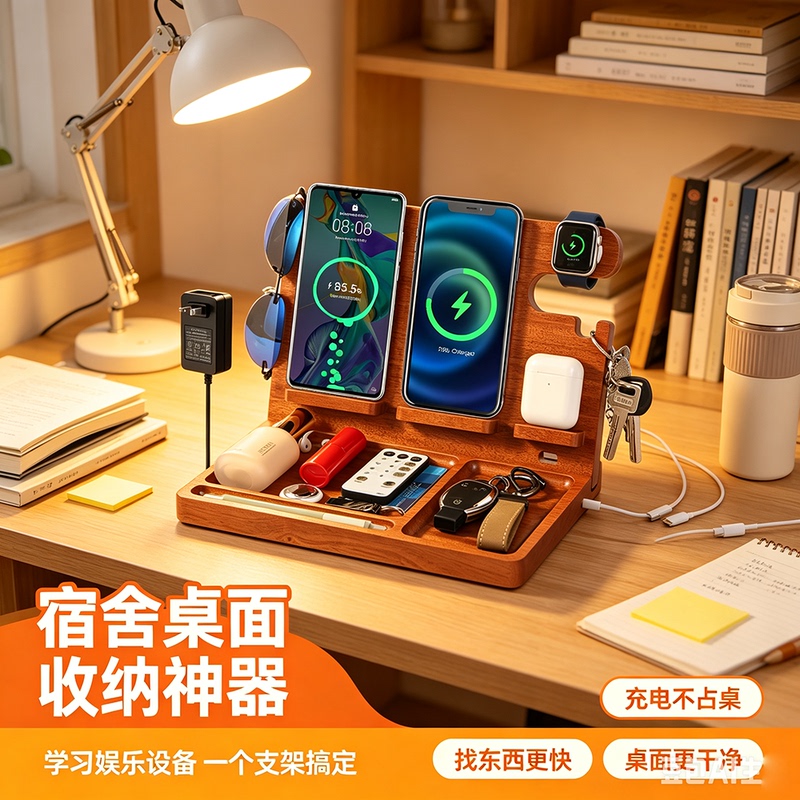 Solid Wood Desktop Storage Stand for Mobile Phones, Smartwatches, Earphones, Wireless Charging 15W Charging Stand, Key and Miscellaneous Items Organizer Solid Wood Desktop Storage Stand for Mobile Phones, Smartwatches, Earphones, Wireless Charging 15W Charging Stand, Key and Miscellaneous Items Organizer