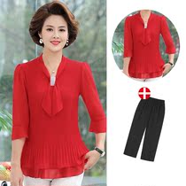 Mother dress summer red chiffon top size female temperament small shirt 2021 new mother-in-law chiffon shirt set