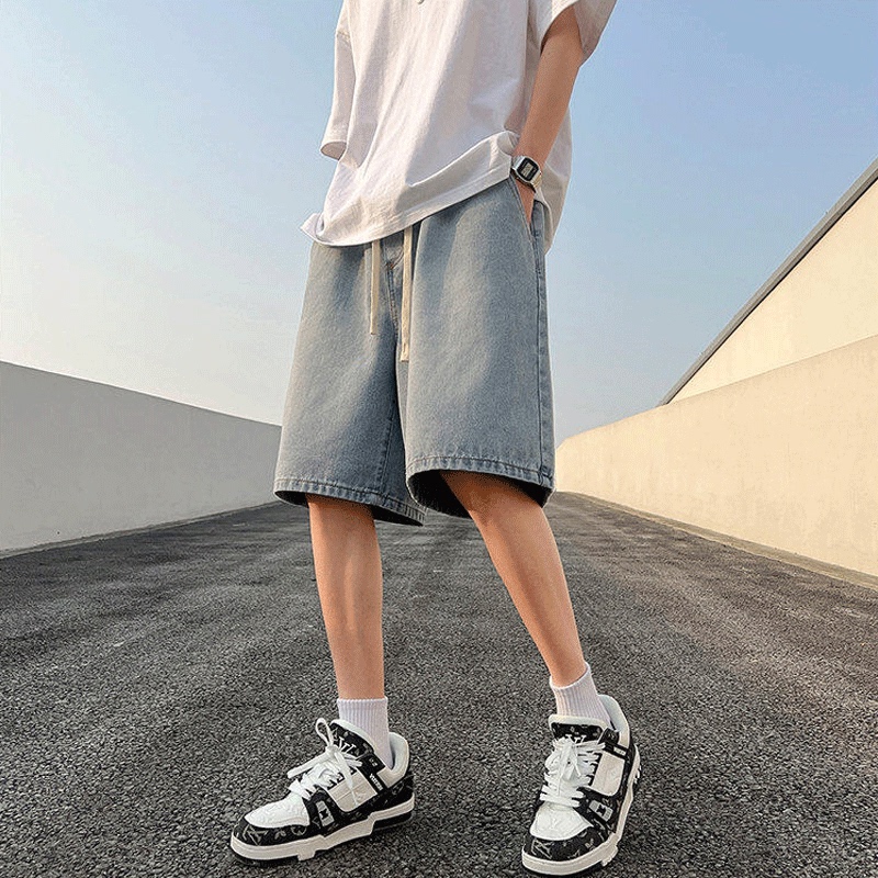 Men's Denim Shorts, Summer Thin Style, Loose Fit, Plus Size, Elastic Waist, Trendy Brand, Cool American Style, Wide-Leg, Washed, Knee-Length Shorts