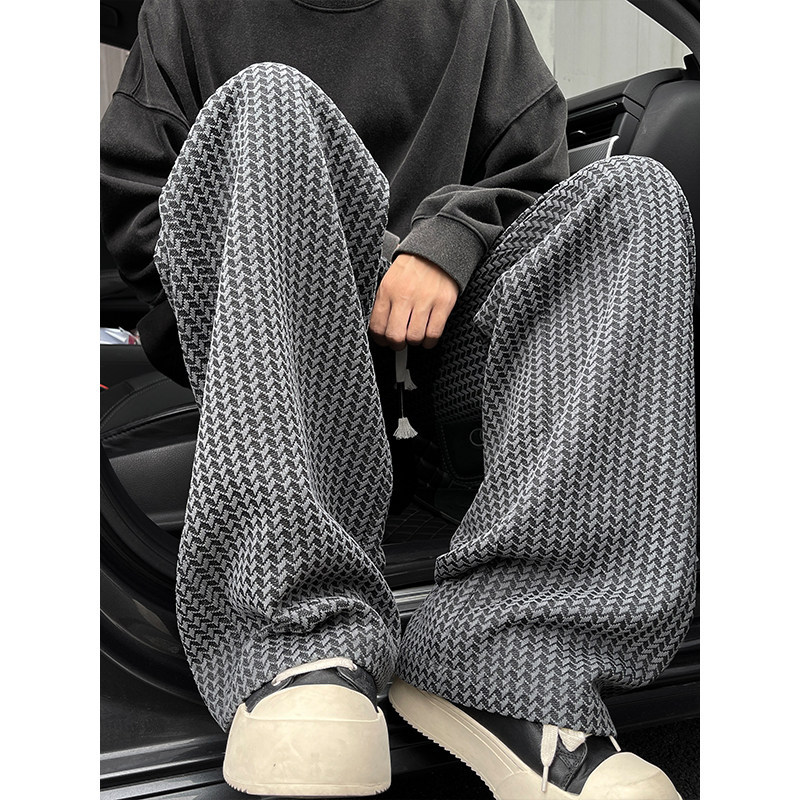 Plaid Wide-Leg Pants for Men, American Retro Jacquard Straight-Leg Loose Large Size Drapey Floor-Length Elastic Waist Casual Pants for Spring and Autumn Plaid Wide-Leg Pants for Men, American Retro Jacquard Straight-Leg Loose Large Size Drapey Floor-Length Elastic Waist Casual Pants for Spring and Autumn