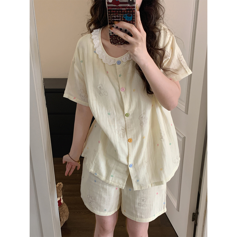 Women's Summer Pajamas, Pure Cotton Double-Layer Gauze, Short-Sleeved, Star and Bear Pattern, Lace Trim, Round Neck, Loose Fit, Suitable for Wearing Outside, Home Wear Set