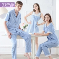 Bộ đồ ngủ dành cho nữ mùa hè dành cho nữ Bộ đồ ngắn tay ngắn hai mảnh Cotton Hàn Quốc - Nam giới đồ bộ nam