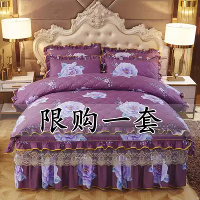 European-style full set of padded bed skirts Four-piece sets with lace bed cover bed duvet cover thickened pure cotton
