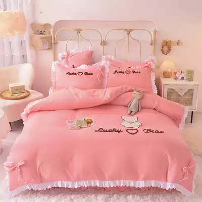 Net red ins girl heart bed podium four-piece set princess style lace bed sheet bed cover cotton cotton cotton quilt cover 4