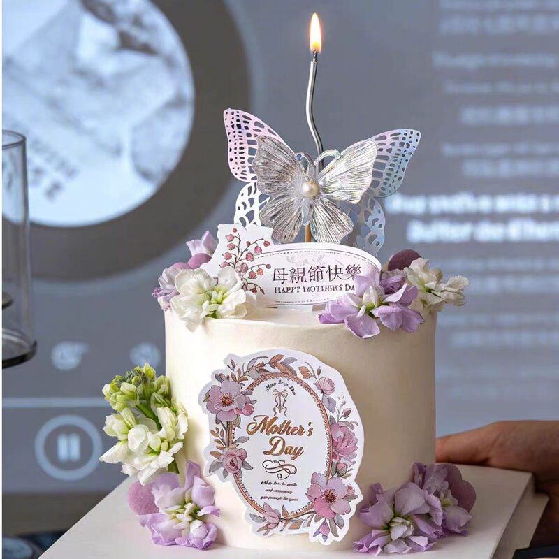 Mother's Day Flower Cake Decoration Happy Mother's Day Purple Topper Iridescent Pearl Butterfly Curve Candles