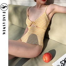 Korean ins retro hipster yellow plaid swimsuit female Japanese conservative soak hot spring belly thin swimsuit