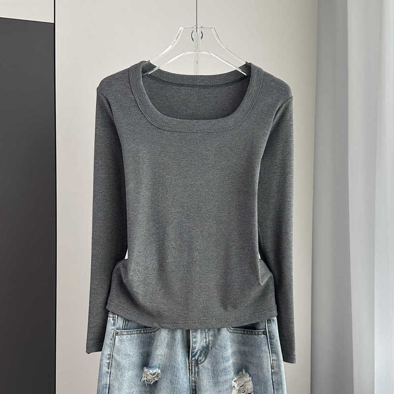 Women's Long-Sleeved T-Shirt with Square Neck or U-Neck for Early Autumn and Winter, Slimming and Covering, Plus-Size Ribbed Top, Thin Style