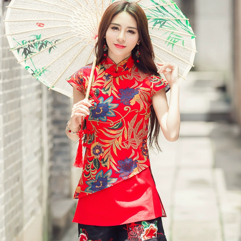 Phong cách Trung Quốc mới phong cách dân tộc phụ nữ quần áo áo khoác cotton và lanh hoa áo sơ mi ngắn tay mùa hè in váy mẹ - Áo sơ mi