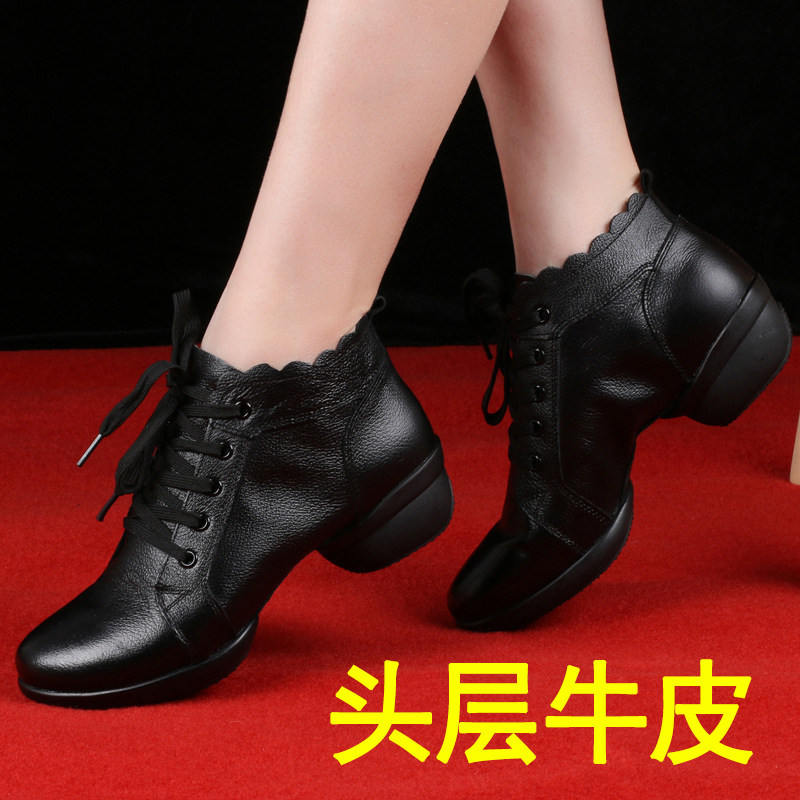 Leather dance shoes women's summer new square dance shoes black dancing leather shoes with soft bottom mesh sailor dance shoes