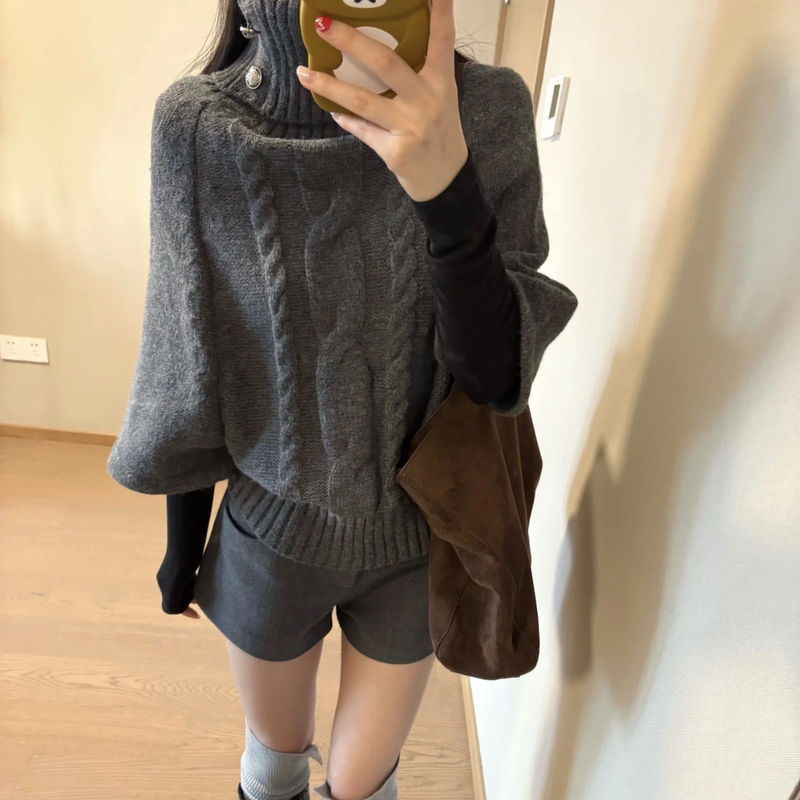 Tikng Retro Lazy Style Twist High-Neck Cape Sweater for Women, New Winter Loose Versatile Warm Knitwear