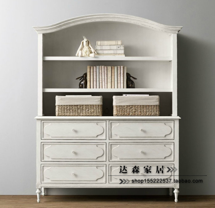 Fa-style Retro Ivory White Six Draws Bookcase American Countryside Solid Wood With Partition Containing Cabinet Bookcase Display Cabinet Ins