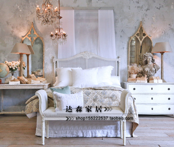 European-style solid wood carved rattan bed American villa double rattan bed wedding bed French old rattan bed princess rattan bed