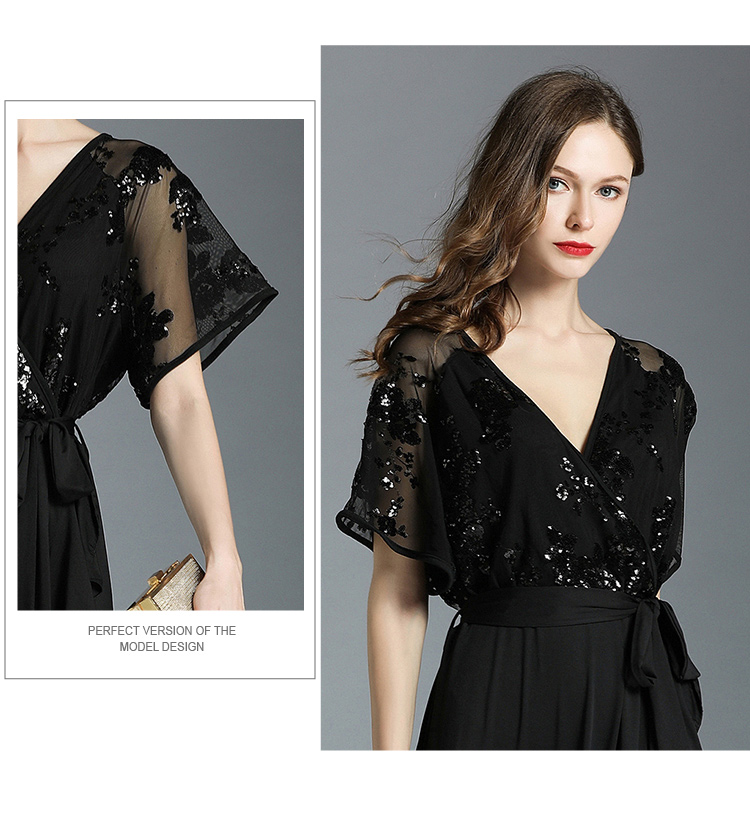 Black V-neck Butterfly Sleeve Ankle-length Dress