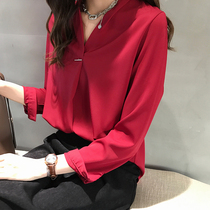 Large size womens spring and autumn new temperament V-neck shirt womens long-sleeved top Han Fan chiffon shirt solid color bottoming shirt