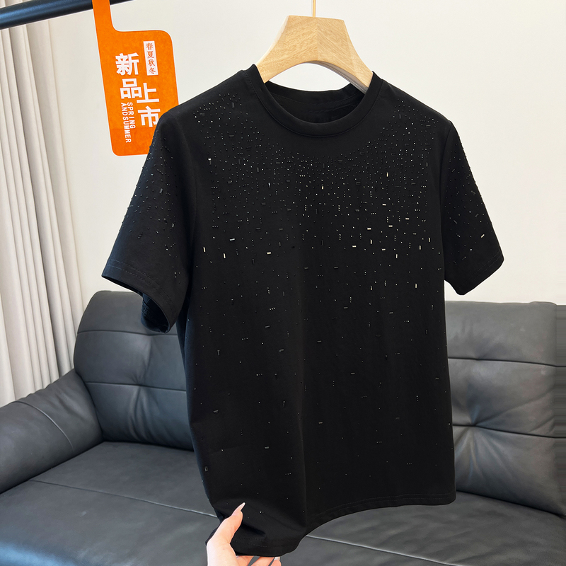 Trendy Black Round-Neck Short-Sleeve T-Shirt with Rhinestone Starry Sky Pattern for Women, Summer Loose Fit, Slimming, Cool, High-End, Chic Top
