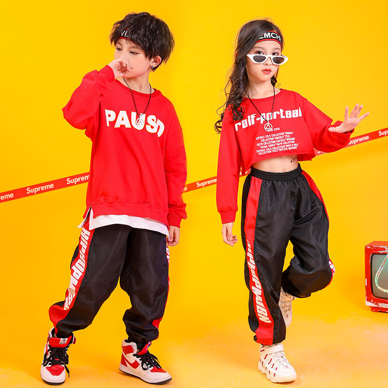 Boys hip-hop hip-hop suits autumn girls leaking navel children handsome loose girls jazz dance Korean version costumes