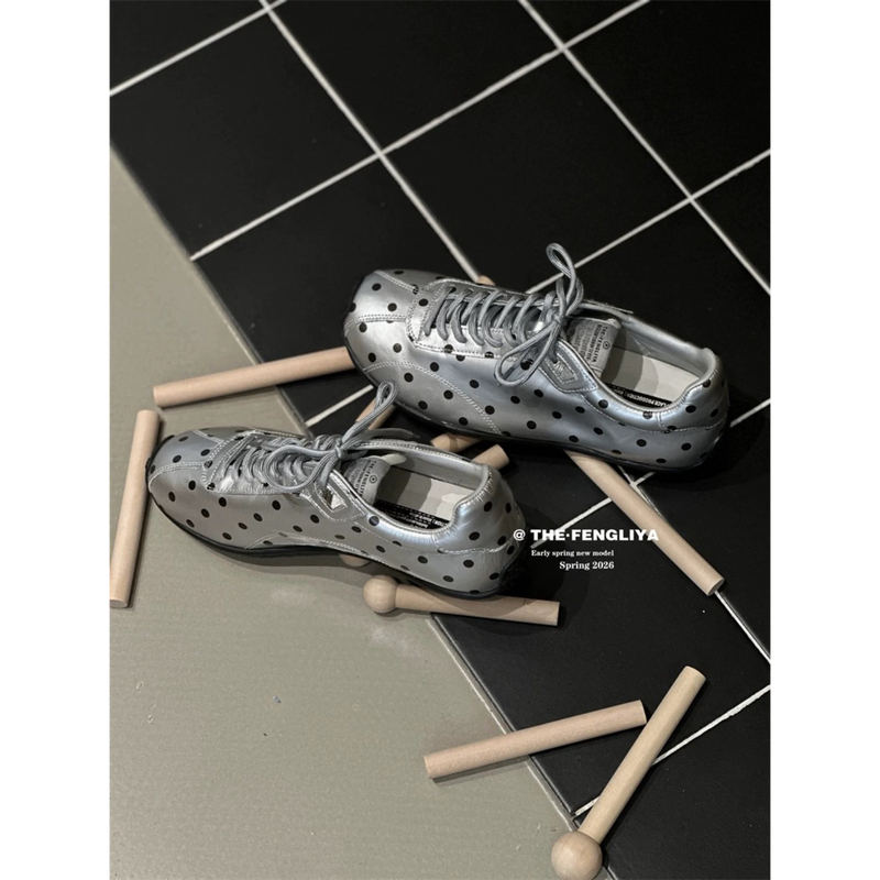3.7/“Vintage Polka Dot” 2026 New Cowhide Edition Coated Silver Polka Dot Miu Style Versatile Lace-Up Casual Shoes