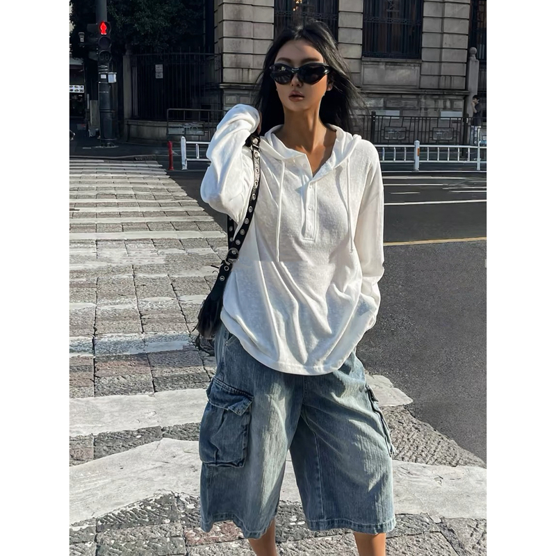 6.10/“American Casual Hooded” Summer Thin Snowflake Cotton Button Oversized Lazy Sun Protection Hoodie