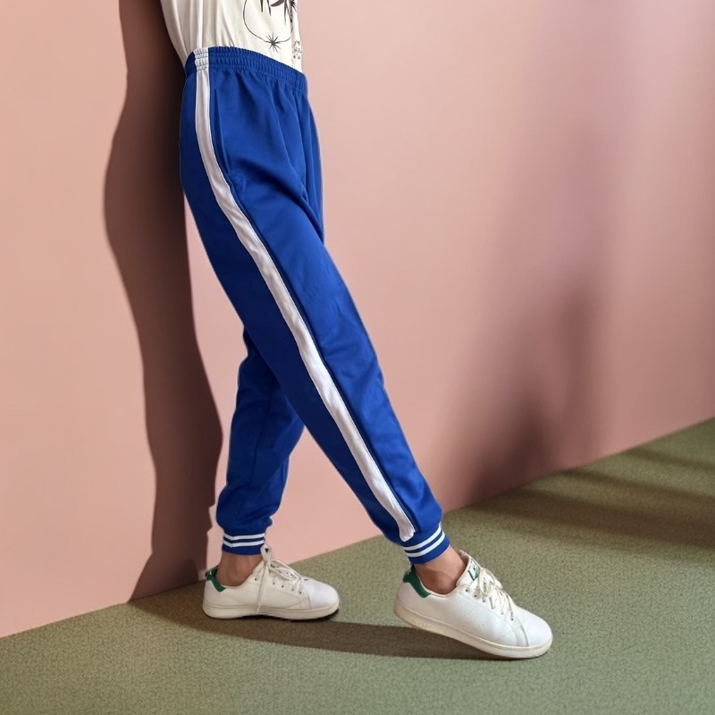Pair of White Stripesd Leg-Tie Royal Blue School Uniform Pants, One Striped White Wide Striped Cuffed Sweatpants, Thin Student Pants