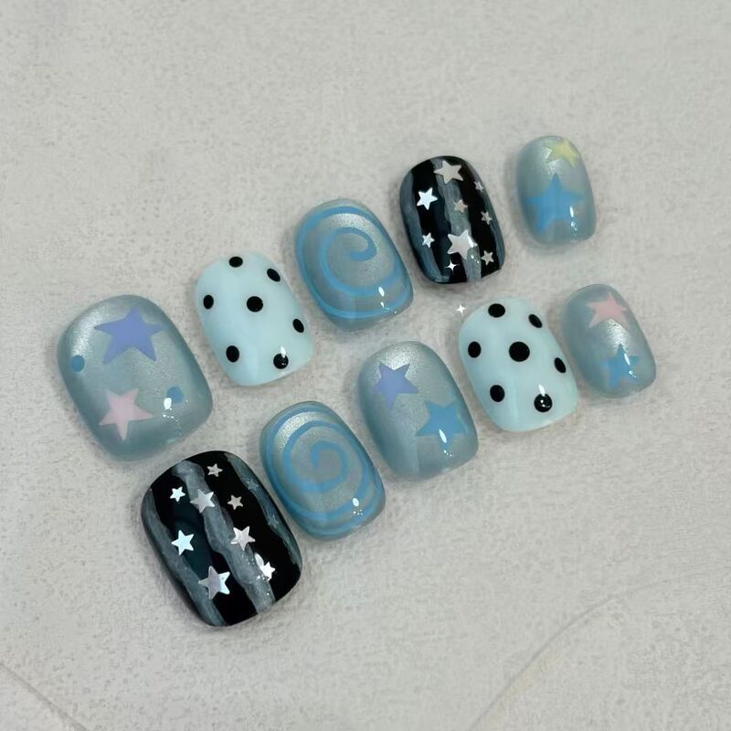Cool Summer Water Wave Blue Wearable Nails Hand-Painted Swirl Polka Dots Stars Y2K Fake Nail Patches Cross-Border Factory