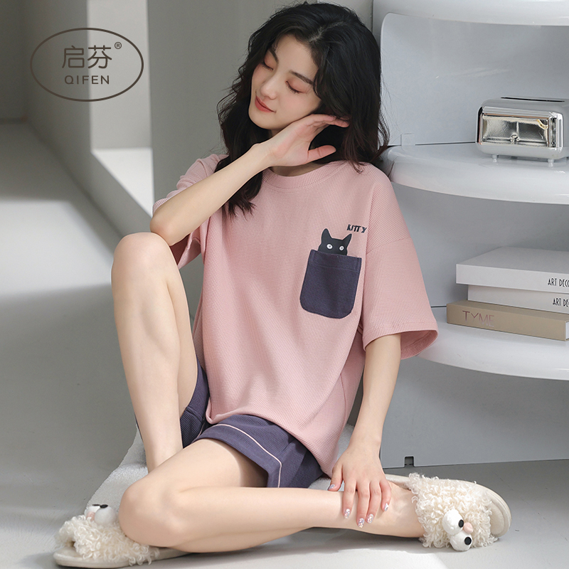 2022 New Sleepwear Women's Summer Short Sleeve Shorts Pure Cotton Two Sets Slim Summer Home Clothing Casual Suit
