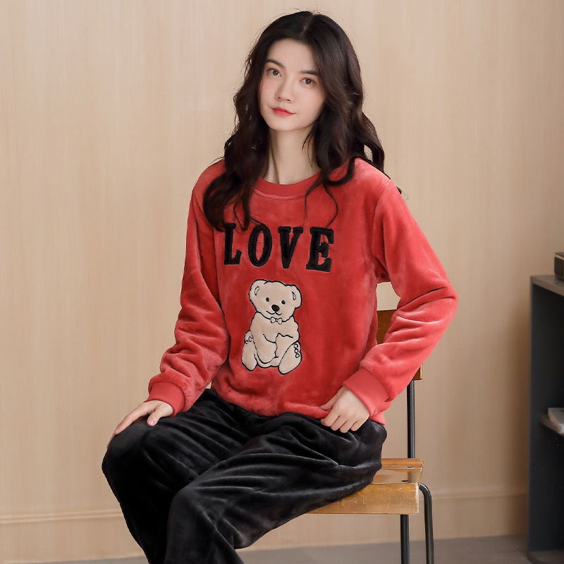Coral suede pyjamas ladies winter plus suede thickened warm outside wearing flannel autumn and winter home suit winter