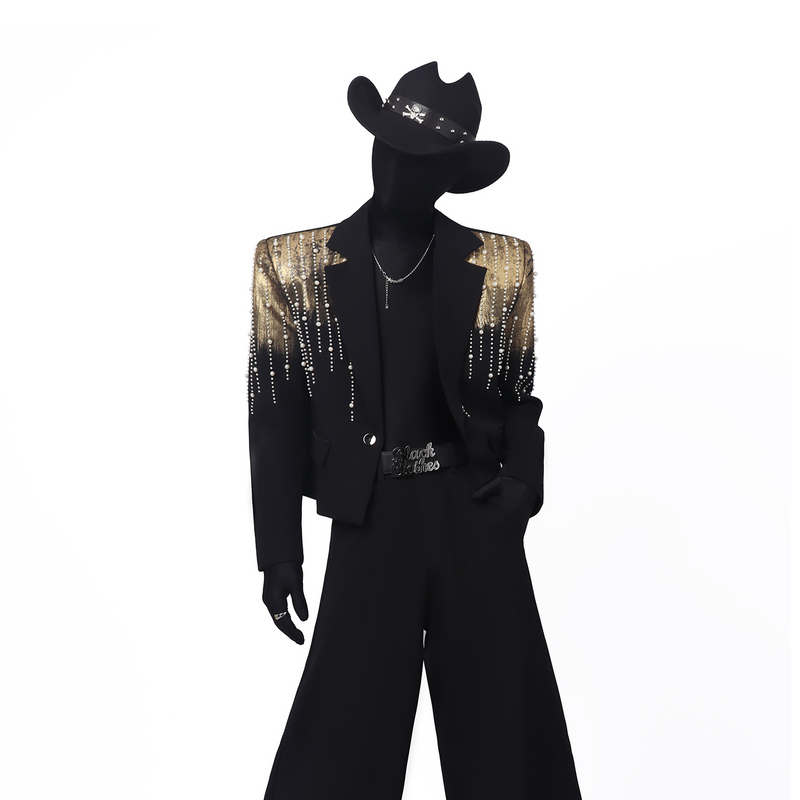 Blackclothes Black Heavy-Duty Beaded Suit for Men, Stage Style Performance, High-End Sequin Suit Jacket, Trendy