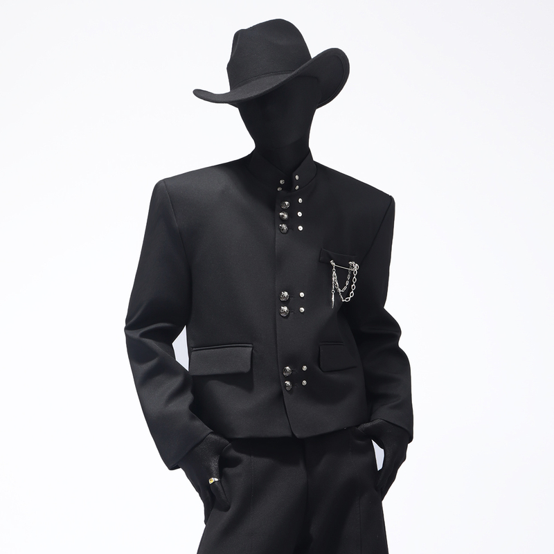 Black Clothes Black Short Jacket for Men, Niche New Chinese Style with Metal Buckle Design, Trendy Suit Jacket