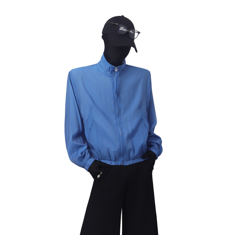 Blackclothes Klein Blue Color-Blocked Striped Patchwork Casual Jacket Versatile Stand Collar Zipper Jacket Blackclothes Klein Blue Color-Blocked Striped Patchwork Casual Jacket Versatile Stand Collar Zipper Jacket