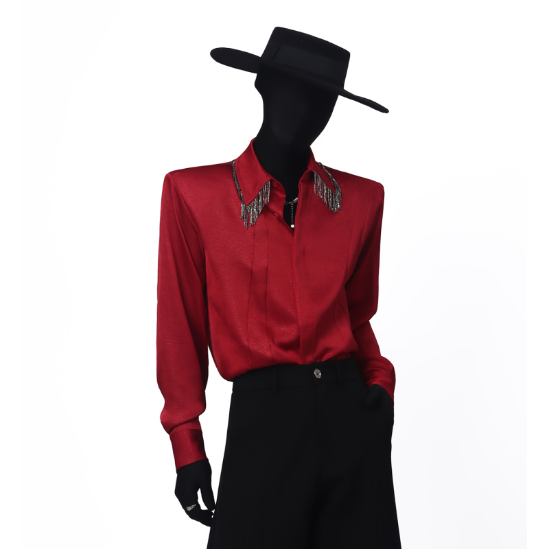 Blackclothes Light Luxury Tassel Burgundy Long-Sleeve Shirt Summer Shoulder Pad Glossy Personalized Heavy-Duty Shirt Trendy