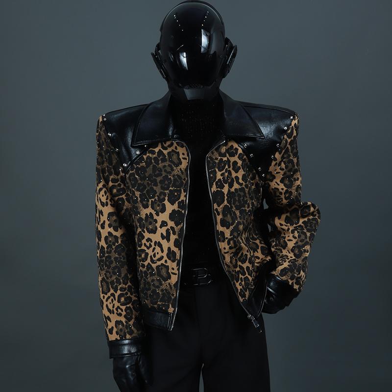 Trendy Leopard Print Jacket for Men with Rhinestones, Autumn and Winter Street Style, Unique and Versatile, Loose Fit, Turn-Down Collar, Trendy Brand ins