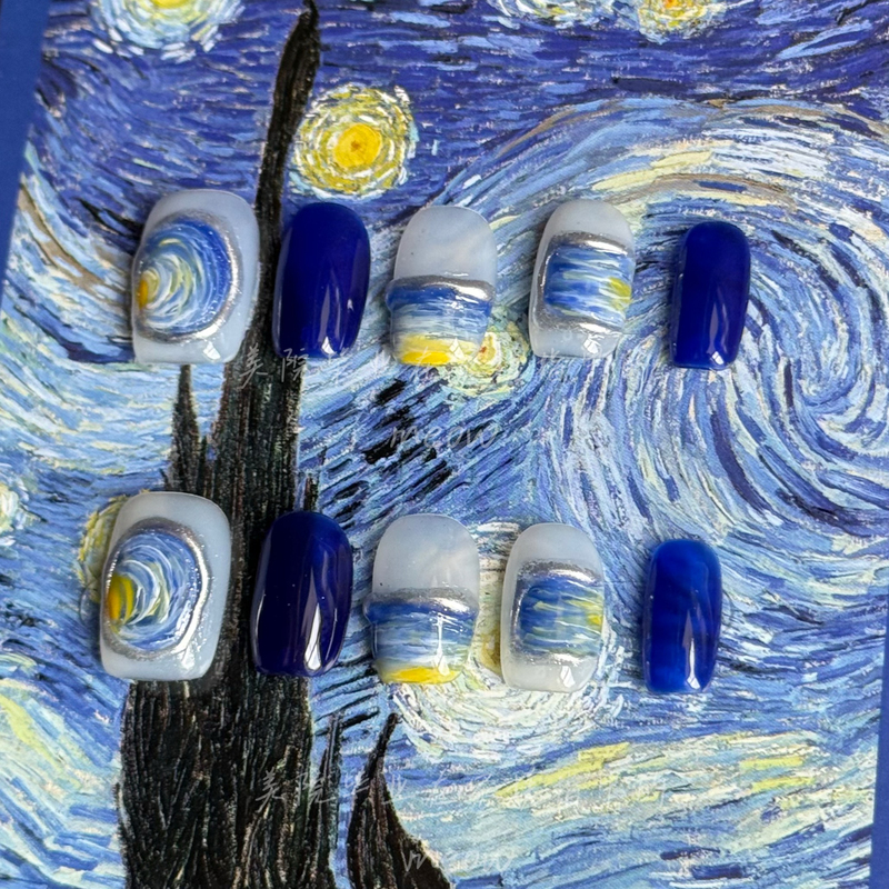Real Shot of Van Gogh Starry Night Wearable Nails Hand-Painted Oil Painting Short Square Nail Art Stickers 18Th Century Retro Oil Painting Manicure Real Shot of Van Gogh Starry Night Wearable Nails Hand-Painted Oil Painting Short Square Nail Art Stickers 18Th Century Retro Oil Painting Manicure