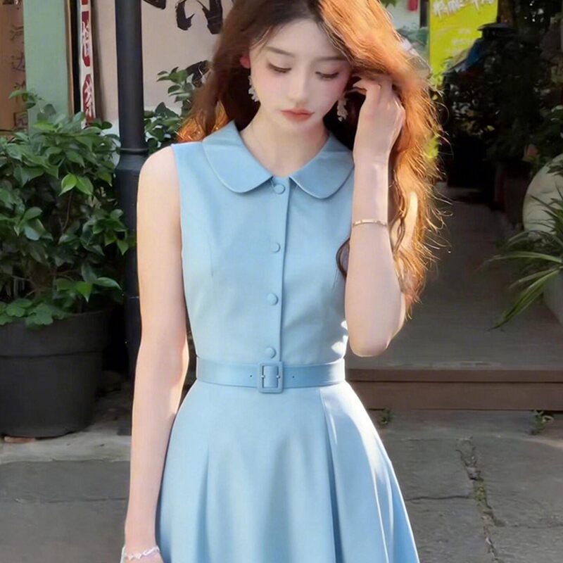 2026 Spring/Summer New Style, Stunningly Beautiful, Unique, Fashionable, Stylish, Particularly Pretty, Waist-Cinching Mini Dress, Blue Shirt Dress
