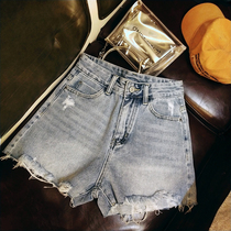 Super soft high waist denim shorts womens summer thin thin a word burr hole ins net red new light color