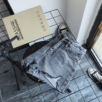 Smoke gray denim shorts 2020 summer new Korean version high waist chic port taste casual pants hole hot pants womens fashion