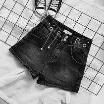 European heavy industry high waist breasted denim shorts women show thin legs long ring loose summer denim hot pants tide