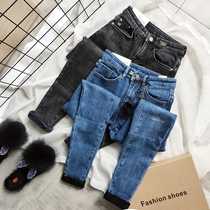 Super soft light blue high waist velvet thickened jeans women thin winter warm pants extended pants tide